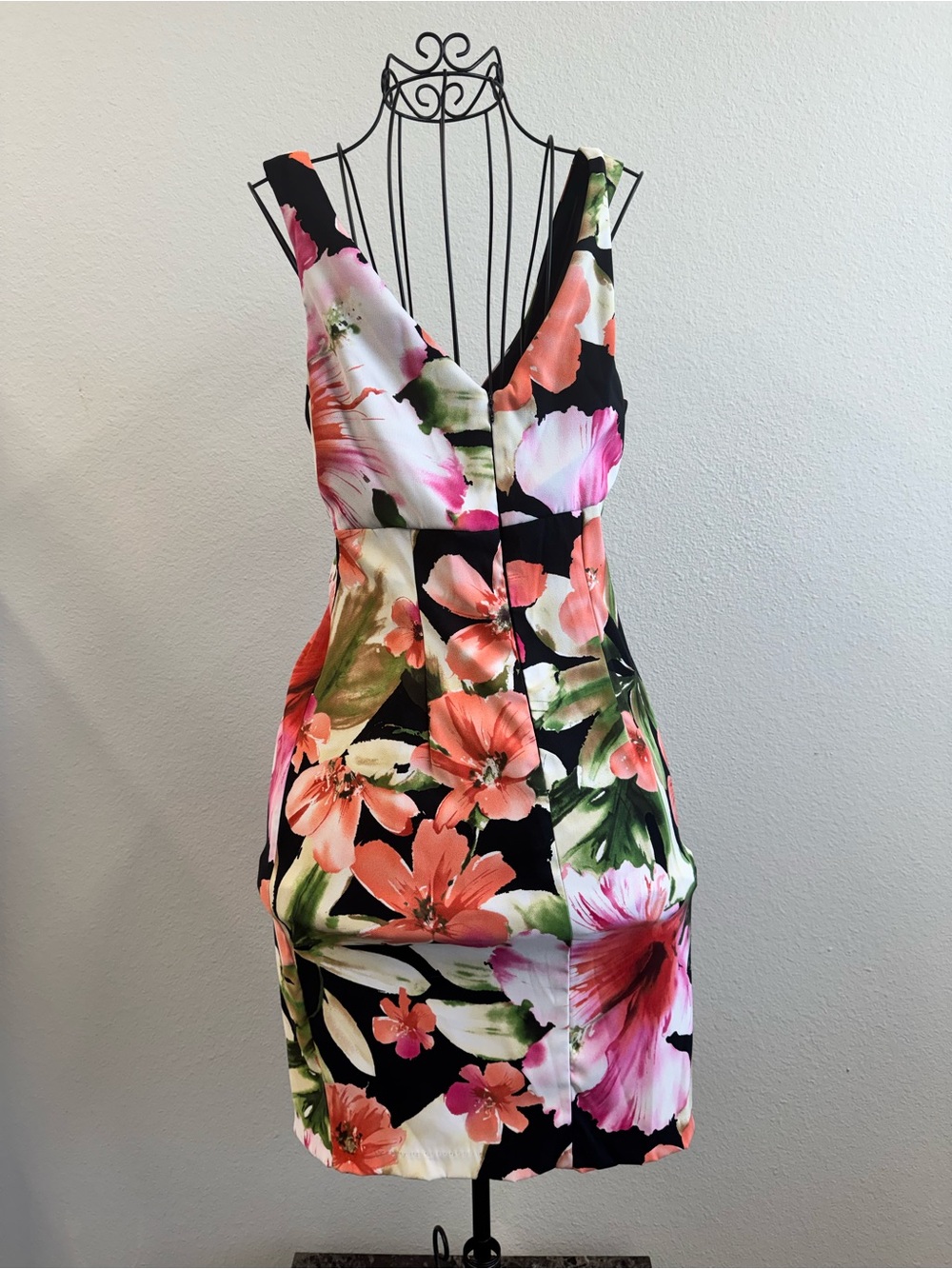 connected apparel Black Floral Mini Dress with Coral and Pink Blooms - Picture 4 of 9